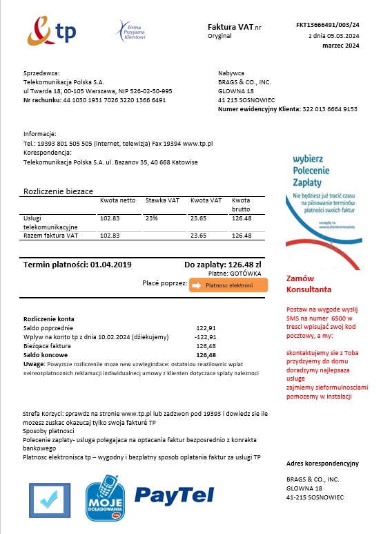 Poland TP business utility bill template in Word and PDF formats